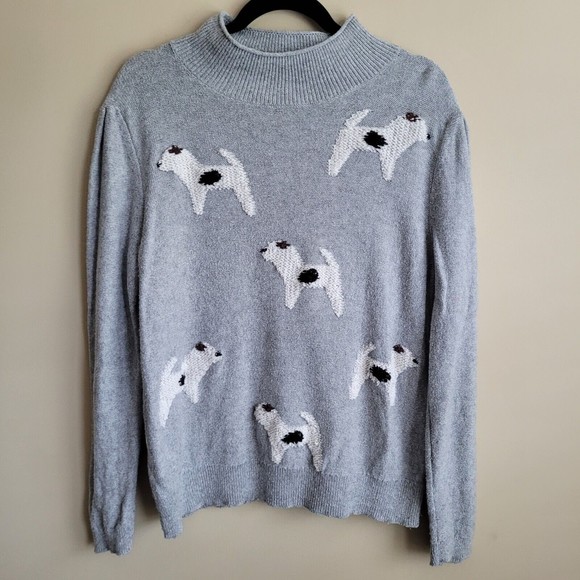 LOFT Sweaters - Loft Womens Sweater Size XL Mock Neck Gray Knit Embroidered Puppy Dogs